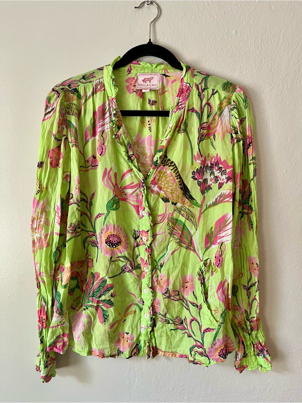 Banjanan lime green button-down floral blouse sz XL